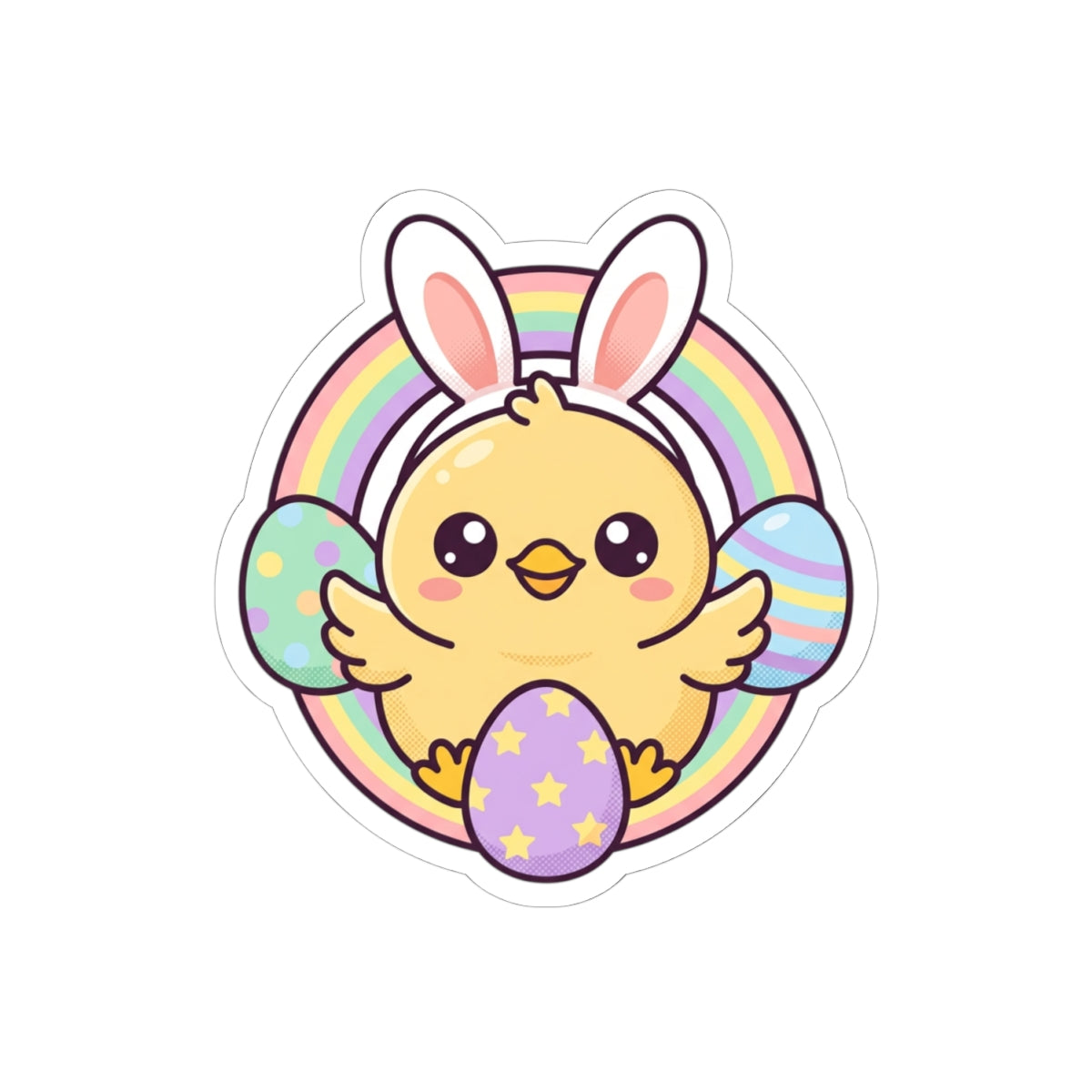 Easter Chick Sticker — Cute Bunny Ears Chick with Rainbow & Painted Eggs (Kiss-Cut)