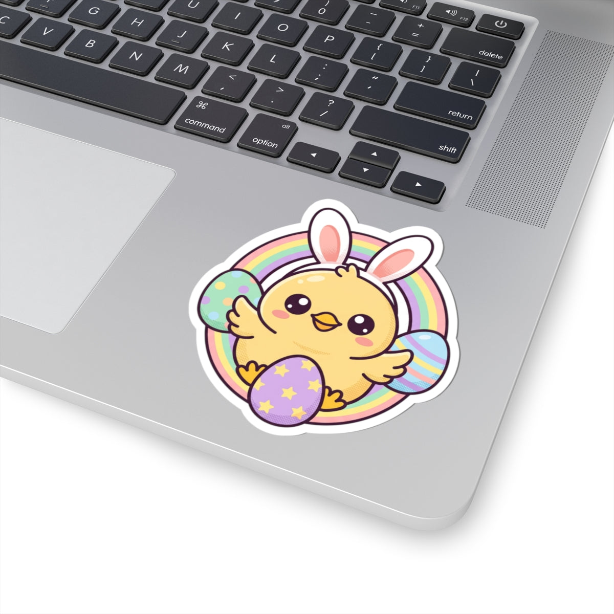 Easter Chick Sticker — Cute Bunny Ears Chick with Rainbow & Painted Eggs (Kiss-Cut)